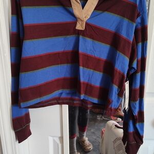 Netflix V-Neck Stranger Things Striped Blue and Brown T Shirt